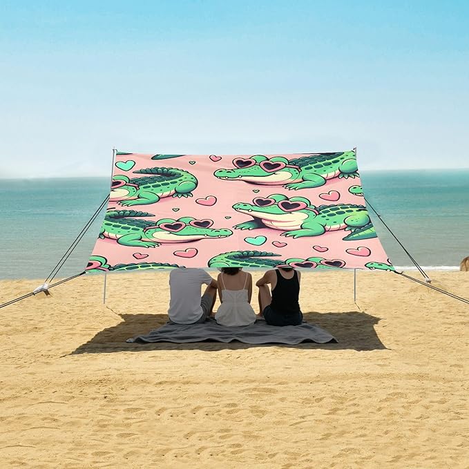 Cartoon Alligator Crocodiles Sunbathing Heart Glasses Pink Camping Sun Shelter Beach Tent Portable Beach Sun Shade Outdoor Canopy for Camping Trips Fishing Picnic