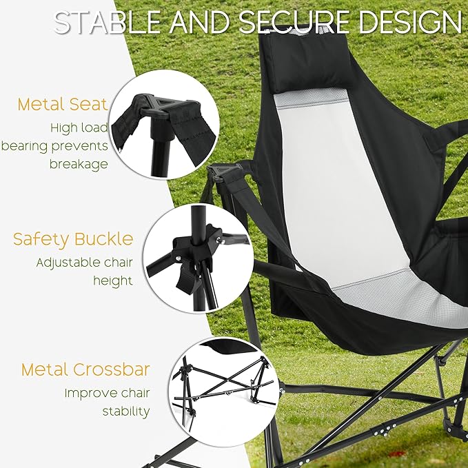 Hammock Folding Camping Chair - Outdoor Portable Swing Camp Chairs with Stand Adults Rocking Swinging Chair for Beach Lawn Patio (Black)