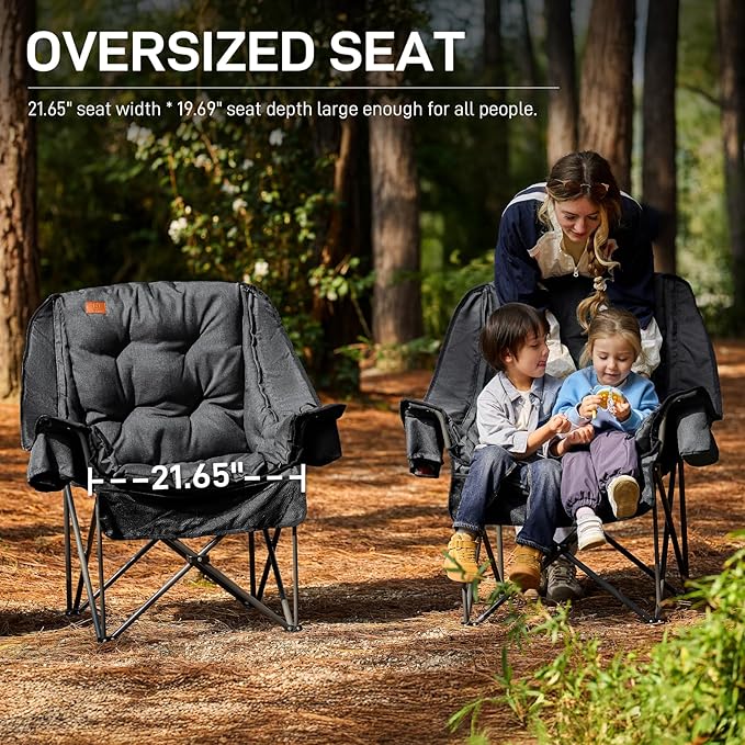 EVER ADVANCED 2 Set Camping Chair with Detachable Cushion Mesh Chair for Adults Foldable Oversized Heavy Duty Folding Chair with Cooler Mesh Pocket Cupholder Outdoor Fishing Supports 400LBS Black