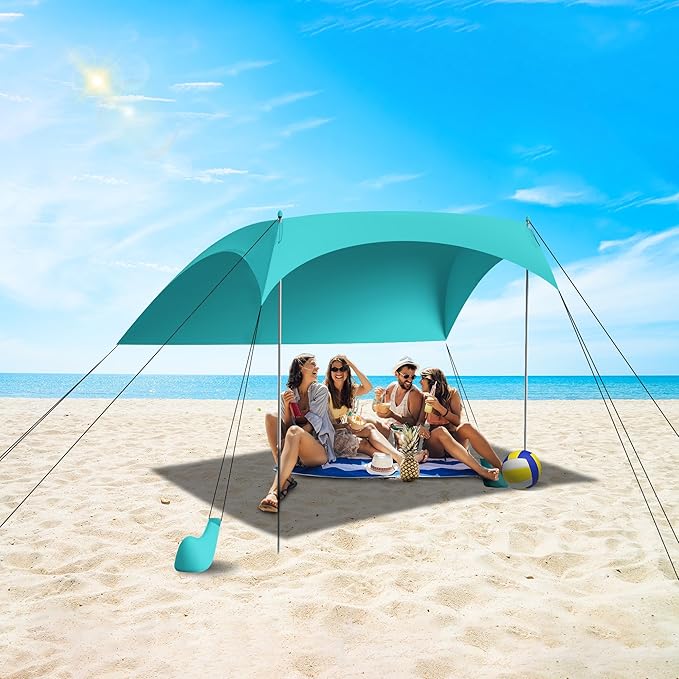 Beach Tent Sun Shelter UPF50+ with Sandbags Sand Shovel &amp Windproof Poles - Portable Pop Up Canopy for Beach Camping Picnics Backyard &amp Fishing (Cyan6.9x6.5FT)