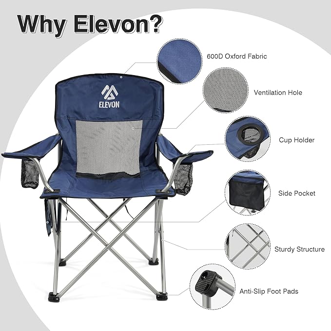 Elevon Camping Chair Portable Folding Outdoor Chair with Arms Cup Holder and Carry Bag