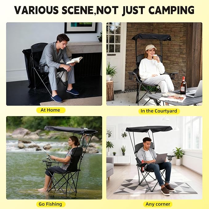 YOUNG WOOD Portable Camping Chair Beach Chair with Shade Canopy Fold Lightweight Oversized for All Easy to Open and Close Without Installation Side Pocket Design for All Outdoor ActivitiesBlack