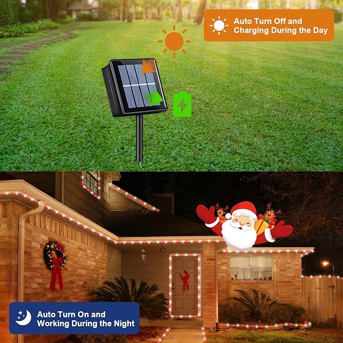 QITONG Red and White Solar Rope Lights 2 Pack Each 33ft 100 LED Christmas String Light 8 Modes Fairy Lights in Clear Thin Tube