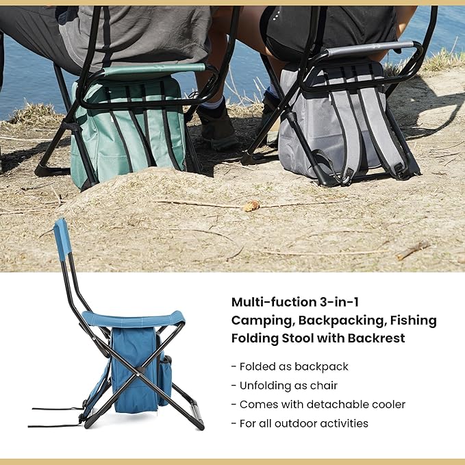 Arrowhead Outdoor Multi-Function 3-in-1 Compact Camp Chair: Backpack Stool &amp Insulated Cooler w/Bottle Holder &amp Storage Bag External Pockets Backrest Fishing Hiking Heavy-Duty USA-Base