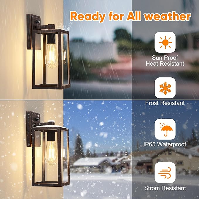 PARTPHONER Dusk to Dawn Porch Light Fixtures Black Brushed Gold Exterior Lighting Lamp Sensor Wall Lantern Waterproof Outdoor Wall Sconce for House Doorway Garage 2 Pack