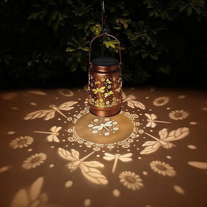 2 Pack Dragonfly Solar Lanterns Outdoor Waterproof Rose Garden Decor Gifts for Women Mom Grandma Hanging Solar Lights Metal Lantern Decoration Outside for YardPatioBackyardPorch
