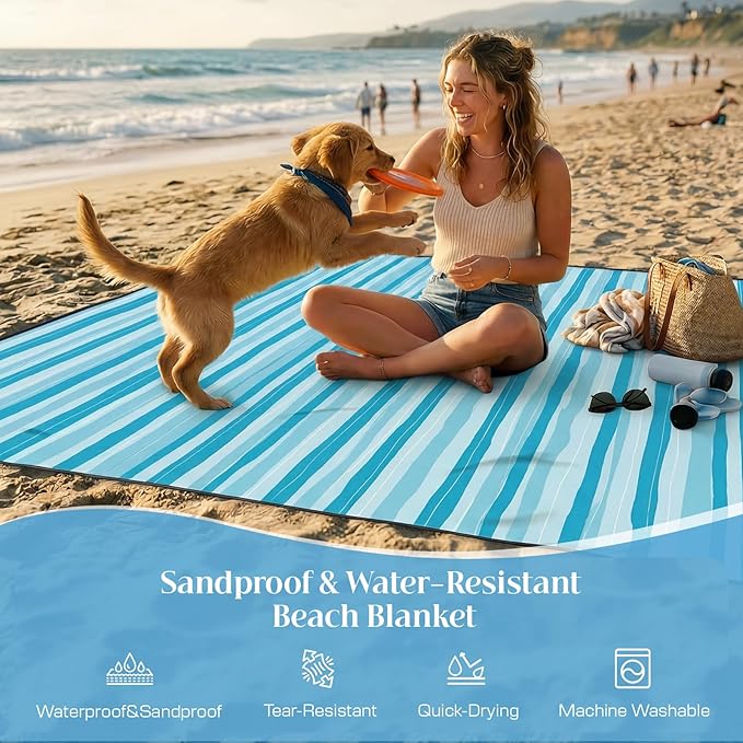 OIGAE 7x7ft Sandproof Beach Blanket - Large Waterproof Picnic Mat for 3-4 People Lightweight Sand Free Mat for Summer Vacation with 6 Stakes &amp 4 Corner Pockets for Beach Camping Festivals