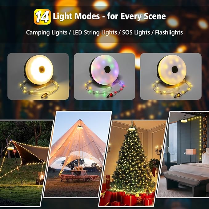 2PCS Camping String Lights 33ft 4 in 1 Rechargeable 100LED Outdoor Tent String Lights with 14 Lighting Modes Remote Control Waterproof with Timer Function for Camping Gear Essentials Hiking Garden