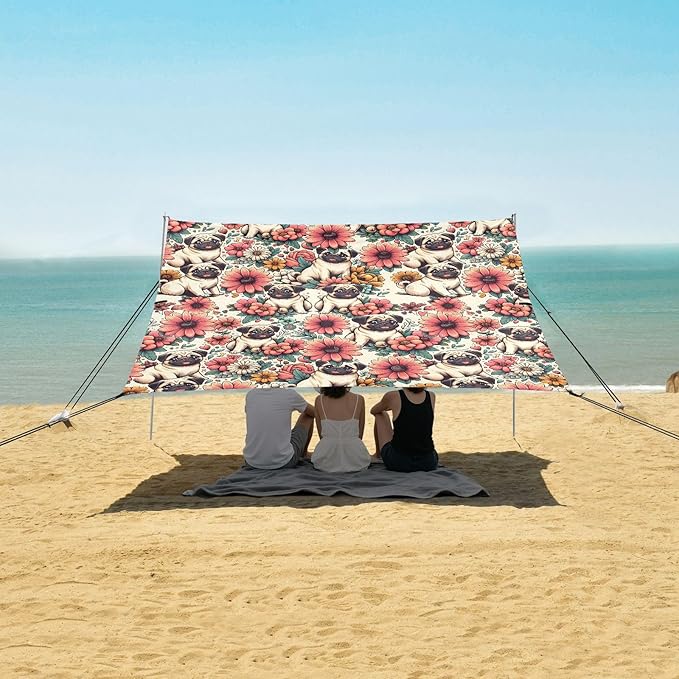 Camping Sun Shelters Pattern with Pugs and Flowers Beach Canopy 126 * 110.2in