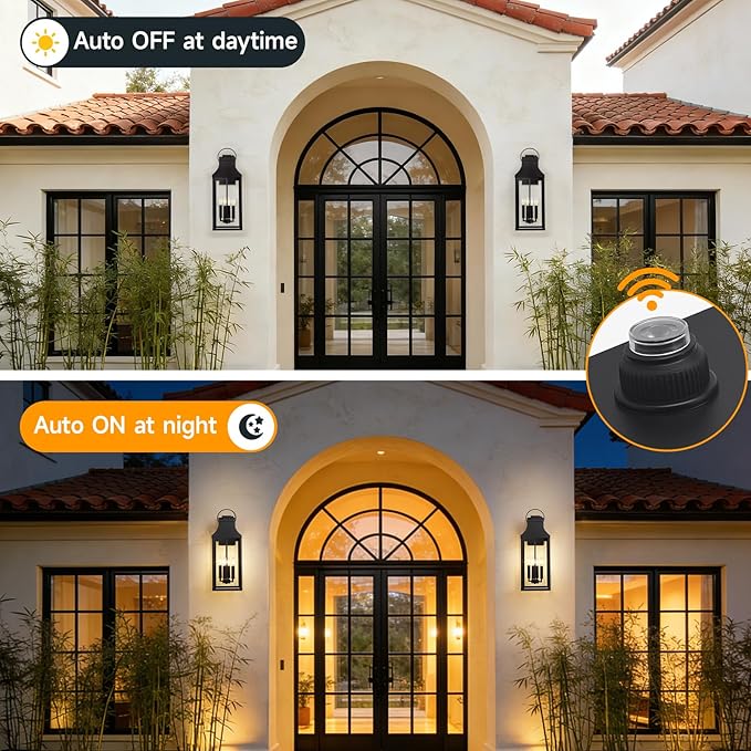 tewei 25'' Dusk to Dawn Outdoor Wall Light Large Black Outdoor Porch Light Waterproof Patio Lanterns Exterior Wall Mount Lighting Fixtures 4-Light Outside Garage Sconces for House Front 1-Pack