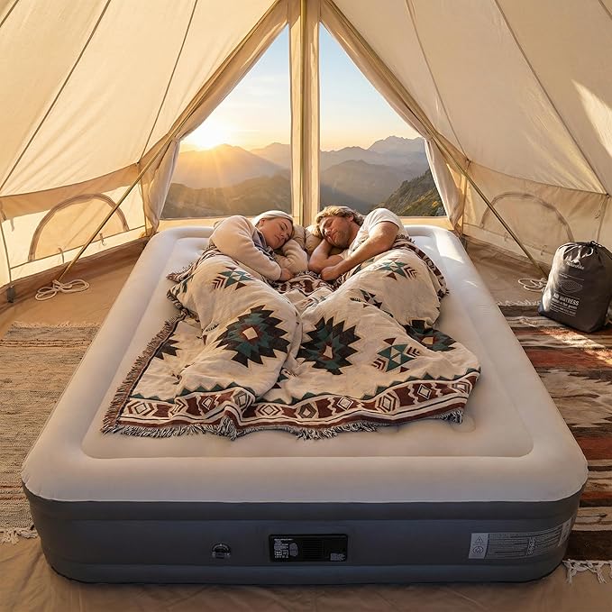 Naturehike Pongee Fabric Queen Air Mattress with Self-Stop High-Speed Built in Pump 15.8 Thicken Deluxe Blow Up Mattress Waterproof 2-Min Fast Inflatable Airbed for Home Camping Guests Travel