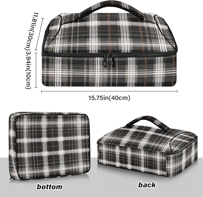 Casserole Carrier Black Brown Tartan Plaid Pattern Print Insulated Casserole Carrier for Hot or Cold Food Thermal Lunch Tote for Parties Picnic Travel Carry Bag