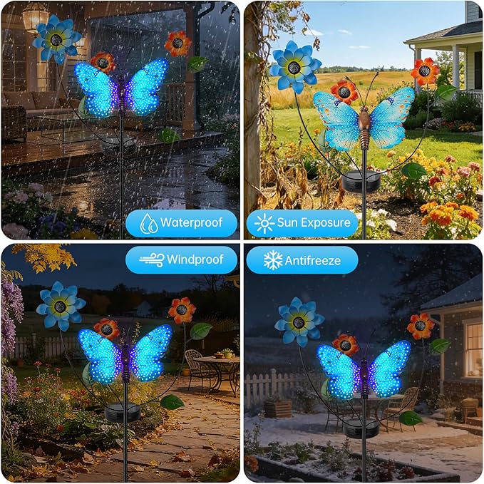 Solar Butterfly Garden Lights 2 Lighting Modes Colorful LED with Flower &amp Butterfly Decor Waterproof Solar Stake Lights for Garden Yard Patio Lawn Pathway (Blue)
