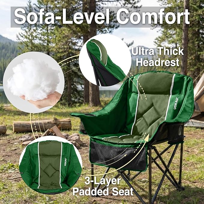 Oversized Camping Chair for Adults - Heavy Duty 400 lbs Padded Folding Chair with Wine Glass Holder 2 Cup Holders &amp Side Pockets Portable Carry Bag for RV Tailgating Lawn