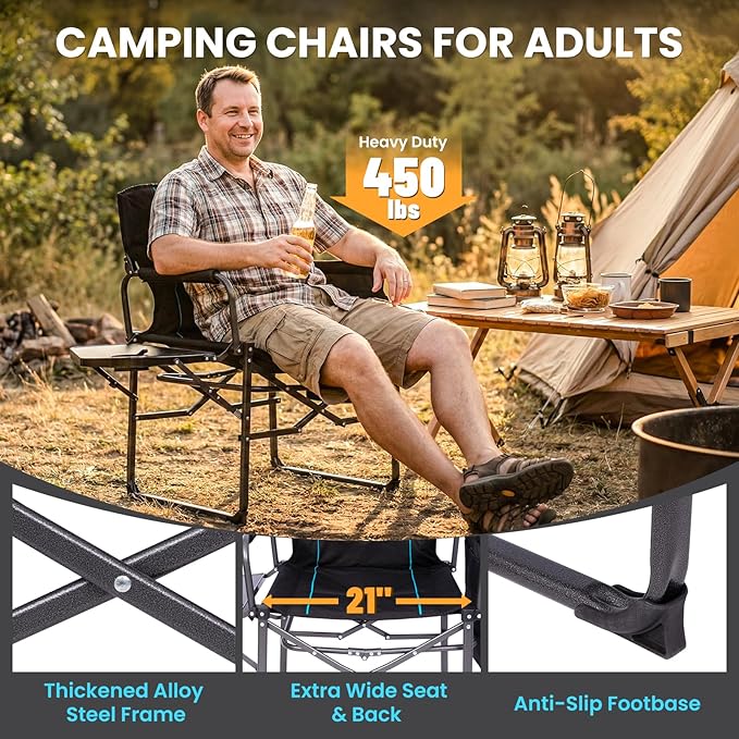 FUNDANGO Oversized Folding Chairs for Outside Fully Padded Camping Director Chair for Adults Support 450lbs Portable lawn chairs with Side Table Side Pockets for outdoor Camp Picnic Lawn Concert