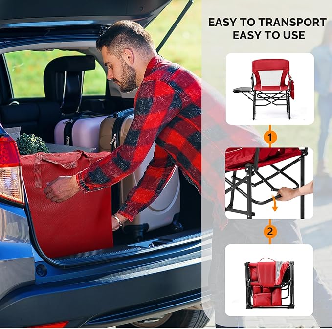 Folding Camping Directors Chair Portable Foldable Outdoor Chair with Built-in Cup Holder Side Table Storage Pocket for Beach Tailgating Fishing Trip Picnic Concert Red