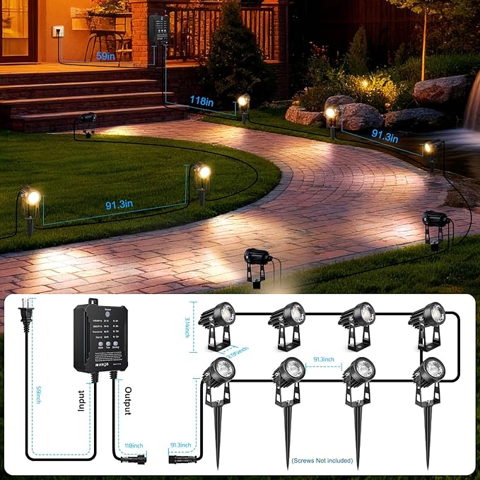All-in-One Low Voltage Landscape Lighting Kit 8 Pack Landscape Lights with Smart Transformer Dimmable Waterproof Outdoor LED SpotLights 24V LED Landscape Lights for Yard Garden(Warm White)