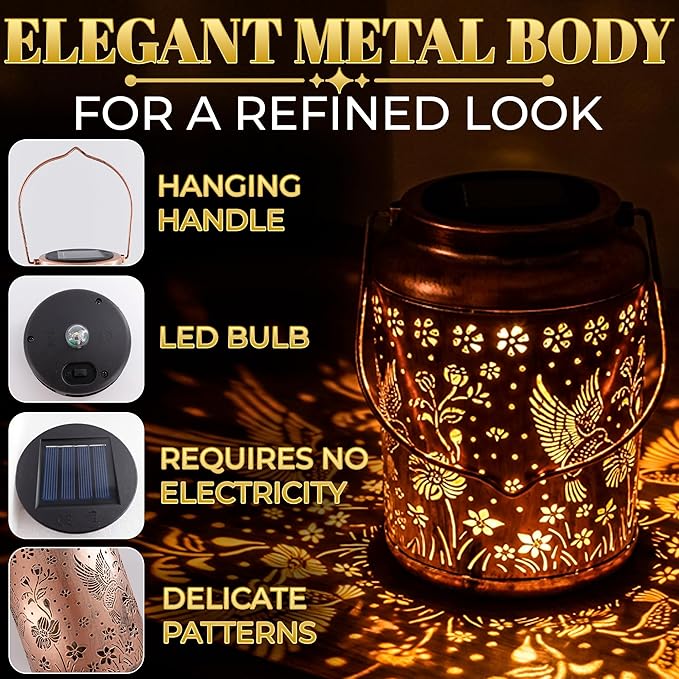 Hummingbird Lantern Lights – Vintage Metal Garden Outdoor Lanterns | Warm LED Glow for Yard Patio and Balcony Decoration | Hummingbird Gifts for Women Mom &amp Grandma