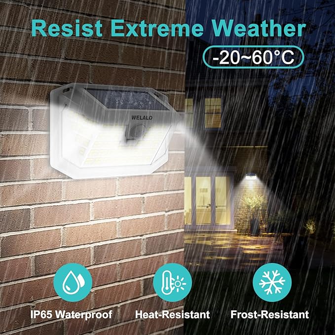 WELALO Solar Motion Sensor Lights Outdoor [3 Modes/4 Pack/188 LED] 270° Wide Angle Lighting Security Solar Powered Wall Lights IP65 Waterproof Flood Lights for Fence Porch Yard Patio(White)