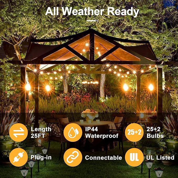 25Ft Christmas Outdoor String Light G40 Globe Patio Lights with 27 Clear Glass Bulbs(2 Spare) Waterproof Connectable Hanging Christmas Lights for Backyard Porch Balcony Party Xmas Decor Green Wire