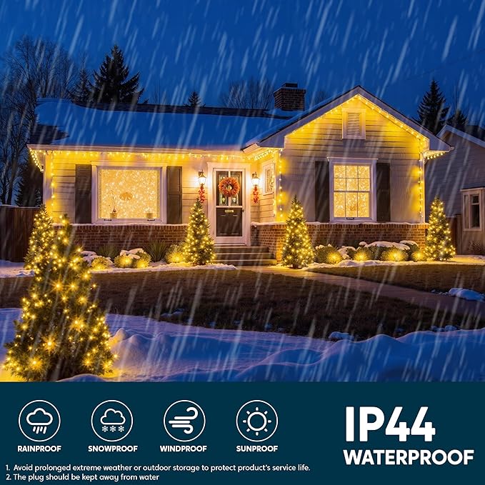 Joiedomi 600 LED Christmas Lights Outdoor197 FT Warm White Christmas Tree Lights with 8 Modes Timer PVC Clear Wire String Lights with Reel for Indoor Outdoor Holiday Xmas Eve Night Decorations