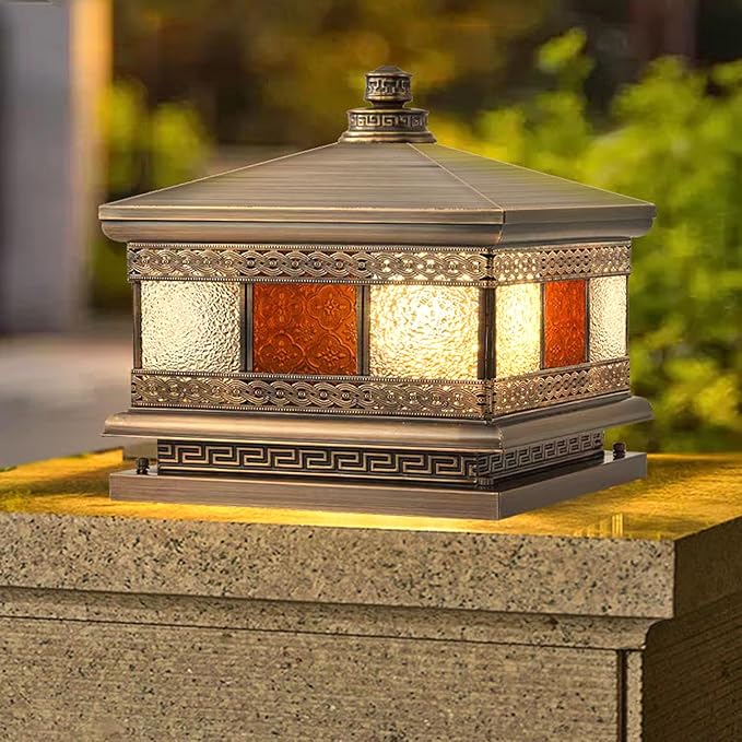 All Copper Steel Glass Outdoor Post lights Waterproof Pillar Light Vintage Patio Lawn Column Lampoutdoor column lightsDeck Lights Lantern Fence Lamp Fixture E26 Base (Flower glass 16X16IN)