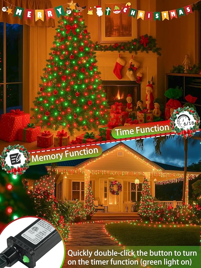 2 Pack Christmas String Lights Indoor Outdoor Super Bright 66FT 200 LED String Lights Waterproof 13 Modes Twinkle Xmas Lights with Timer for Christmas Tree Decorations (Red and Green)