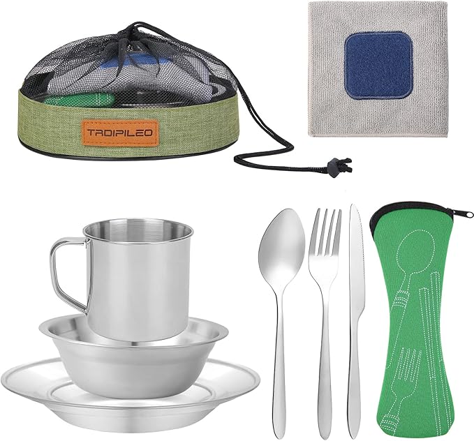 Stainless Steel Camping Cutlery Set - 8 Piece Includes Spoons Mugs Bowls Plates Rags &amp Organizer Straps - Easy to Carry for Backpacking Camping Hiking and Picnics