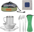 Stainless Steel Camping Cutlery Set - 8 Piece Includes Spoons Mugs Bowls Plates Rags &amp Organizer Straps - Easy to Carry for Backpacking Camping Hiking and Picnics
