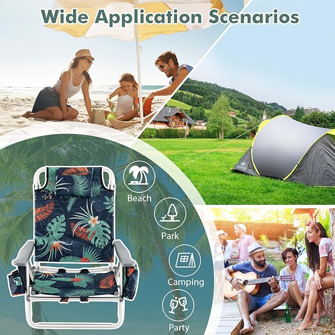 Backpack Beach Chair 5 Position Adjustable Camping Chairs with Head Pillow Cooler Bag Towel Bar Cup Holders Portable 2-Pack Folding Beach Chairs for Adults (Without Table Floral Pattern)
