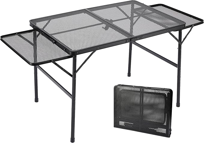 Large Folding Camping Table - Metal Mesh Grill Table with 2 Wing Panels | 2 Adjustable Heights | Large Picnic &amp Outdoor Table | Expandable Shelves Lightweight (4.4 FT Black)