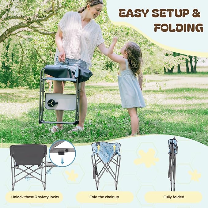 Busy Bee Kids Camping Chair with Foldable Side Table Lightweight Flat Folding Compact and Portable Perfect Kid Beach Chairs Supports 150 Lbs.
