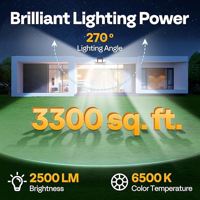 VIVOHOME Linkable Solar Flood Lights Outdoor 2 Adjustable Motion Sensors Security Lights with 3 Heads 2500LM IP65 Waterproof Solar Powered for Outside Yard Porch Patio 3 Pack