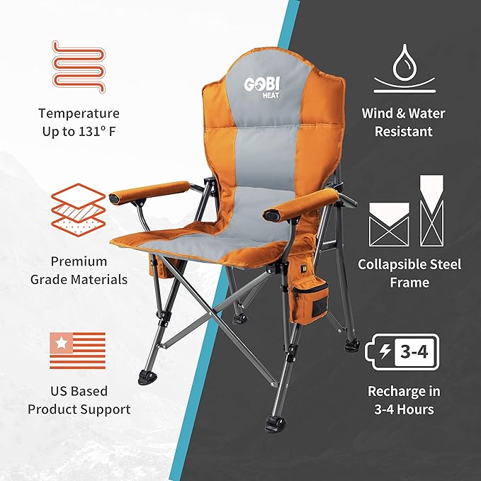Gobi Heat - Terrain Portable Heated Camping Chair - Outdoor Folding Chair with Heated Filling - Winter Camping Essential - 3 Heat Settings (Sunrise)
