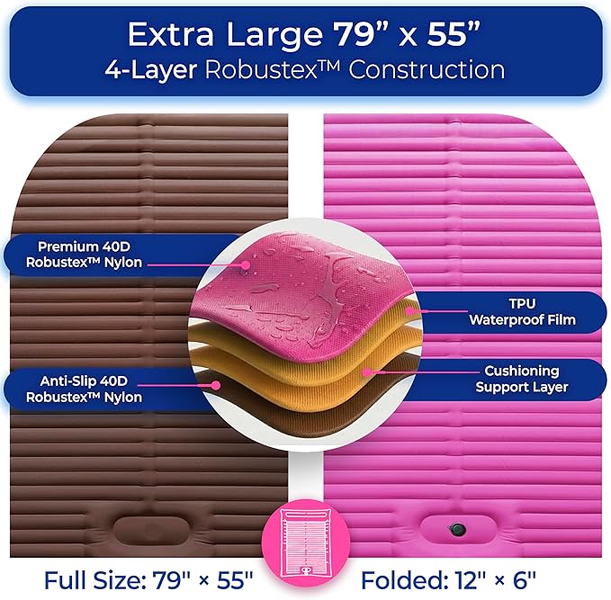 Premium Double Sleeping Pad for Camping - Camping Mattress 2 Person XL with Built-in Pump - 6.9 Thick Camping Beds for Adults - Indoor Beach &amp Pool Use