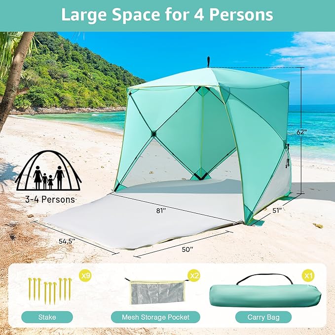 Old Bahama Bay Pop Up Beach Tent Portable Shade Sun Shelter UPF50+ UV Protection for 4 Person Extendable Floor for Fishing Hiking Camping Waterproof Windproof（Mint Green