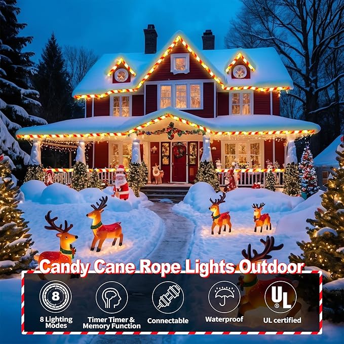 Toodour Christmas Candy Cane Lights 50ft 360 LED Candy Cane Rope Lights Outdoor with 8 Modes Connectable Timer Waterproof White &amp Red Christmas Light for Garden Patio Bedroom Party Xmas Decor