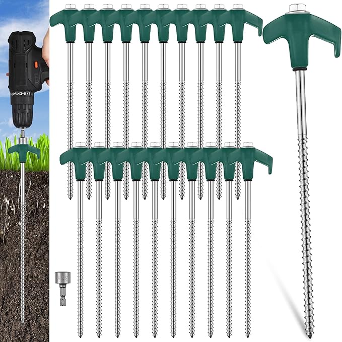 Hicarer 20 Pcs 8'' Screw in Tent Stakes Heavy Duty Ground Metal Stakes for Inflatables with Hex Head Driver for Outdoor Camping Tent Inflatable Garden Decor (Dark Green)