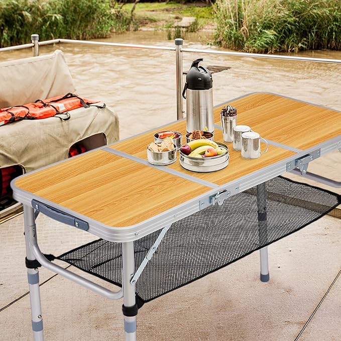 3 FT Folding Camping Table with Storage Portable Fold-in-Half Camp Kitchen Party Table 3 Height Adjustable &amp Carry Handle Rectangular Card Tables for Outdoor Picnic BBQ Backyard (Wooden Pattern