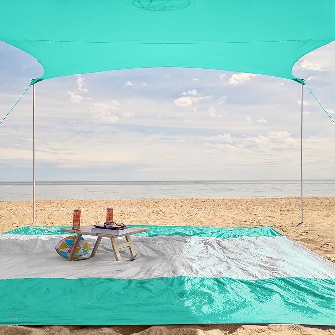 WEKAPO Beach Tent Sun Shelter - Easy Setup Beach Canopy with 4 Sturdy Poles Large Sandbags and Shovel 6'7'' Tall Windproof Sun Shade for Backyard and Camping UPF 50+ Protection