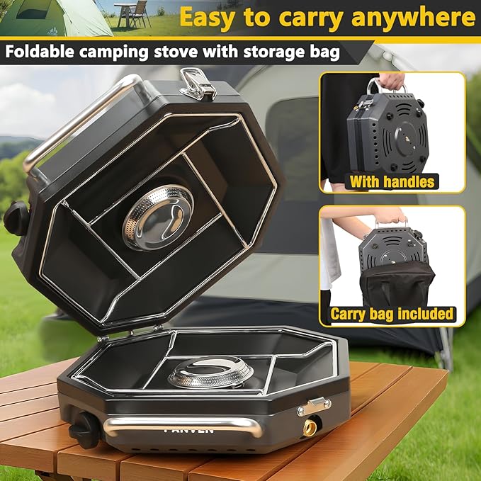 Camping Stove Propane 2 Burner Camp Stove 20000 BTU Propane Camping Stoves Portable Gas Stove with Windscreen Storage Bag Regulator for Picnic BBQ Tailgating