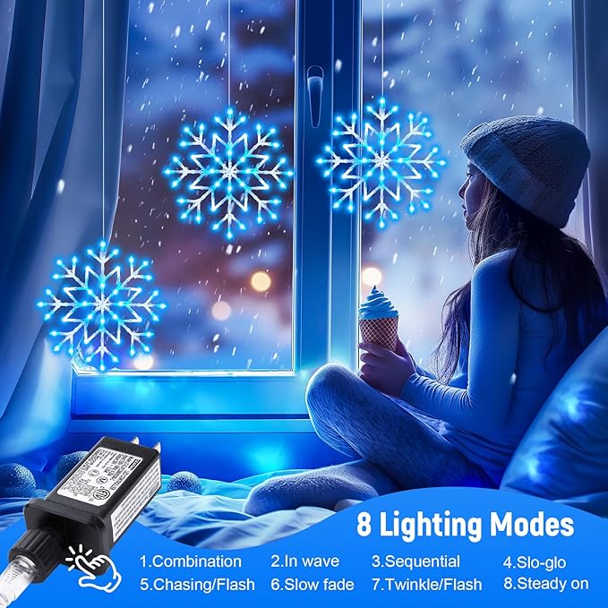 Brightown Christmas Snowflake Icicle Lights Outdoor - Plug-in 23.6ft 10 Drops 480LED Snowflake Window Lights for Indoor Outdoor Porch Eaves Rooftops Canopy Christmas Decoration Blue and White