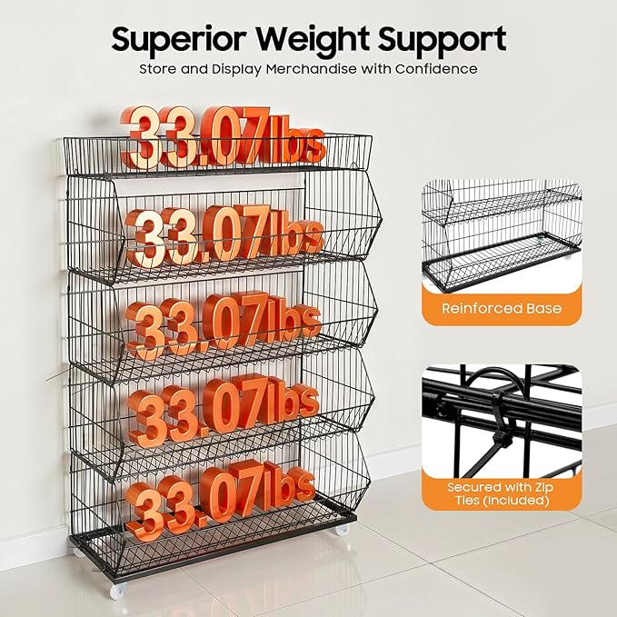 5 Tier Retail Display Rack Snack Organizer Stand with Wheels Candy Potato Chip Metal Wire Display Shelf CartSnack Rack for Supermarket and Home Kitchen Black