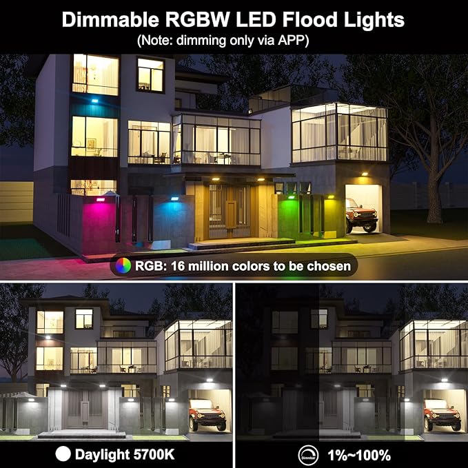 LED RGB Flood Light Outdoor 500W Equivalent Smart Color Change &amp Daylight 5700K Landscape Lighting IP66 Waterproof Patio Lights via App Control Indoor Ambient Lighting Uplighting for Yard Path