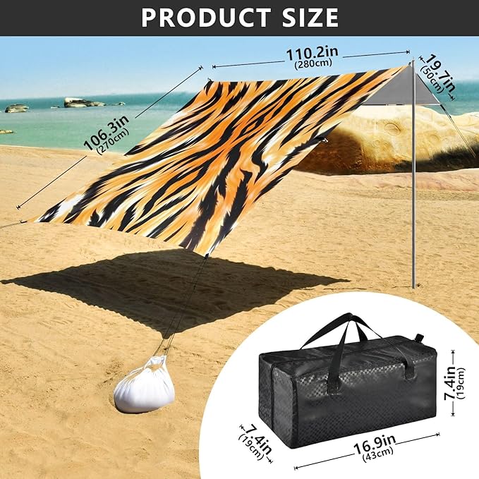 Bolaz Beach Canopy Tent Sun Shade9'×10.5' Large Family Beach Shade UPF50+- Outdoor Shade for Camping Trips FishingTiger Skin