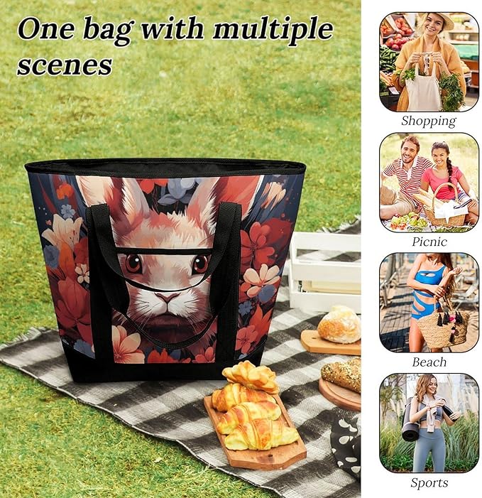 Insulated Shopping BagLarge Reusable Cooler Bags Easter Bunny Printed Foldable Shopping BagTravel Waterproof Shoulder Bag
