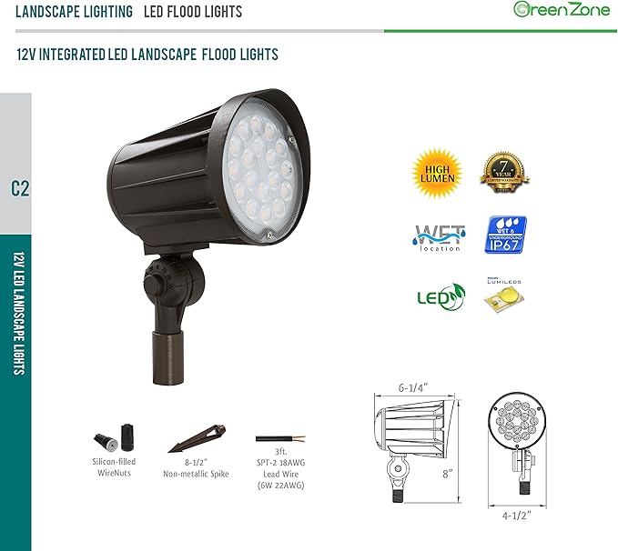 Westgate Lighting LED 12 Volt Outdoor Landscape Garden Bullet Flood Lights - Path Walkway Lawn Spotlights - Wire/Spike Accessories Included - IP67 Waterproof - High Lumen (32W 3000K Warm White Bronze)
