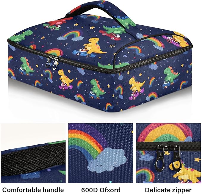 Casserole Carrier Cute Dinosaurs Riding SkateboardsInsulated Casserole Carrier for Hot or Cold Food Thermal Lunch Tote for Potluck Parties Picnic Beach Fits 9 x 13 Inches Baking Dish