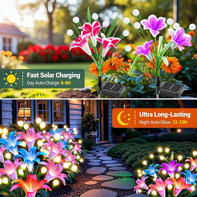 WdtPro Upgraded Solar Garden Lights Outdoor: 4 Pack Solar Firefly Swaying Light with Colorful LED Lily Flower Waterproof Garden Decor for Yard Patio Pathway Lawn Gifts for Women (2 Rosy+2 Purple)