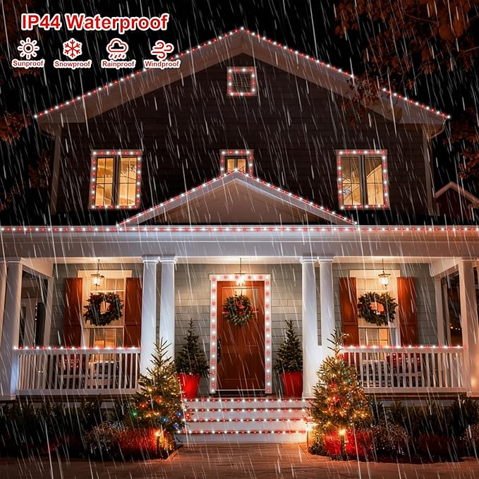 QITONG Red and White Solar Rope Lights 2 Pack Each 33ft 100 LED Christmas String Light 8 Modes Fairy Lights in Clear Thin Tube